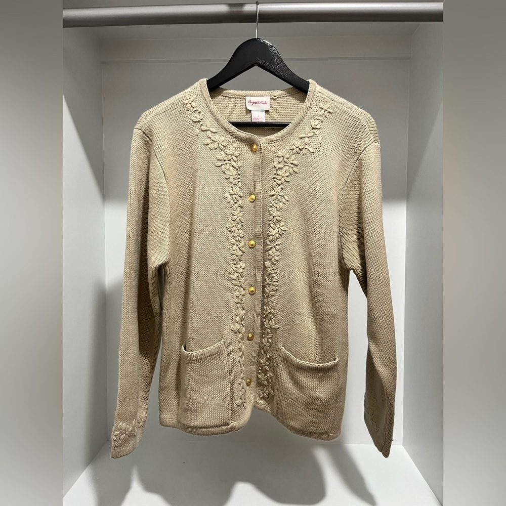 Vintage Crystal-Kobe Beige Floral Cardigan gold buttons embroidered size Small